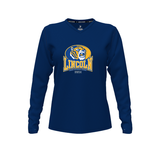 [CUS-DFW-TEES-PER-VNK-LSL-NVY-FYXS-LOGO3] Decker Performance T-Shirt (Female Youth XS, Navy, V Neck, Logo 3, Long Sleeve)