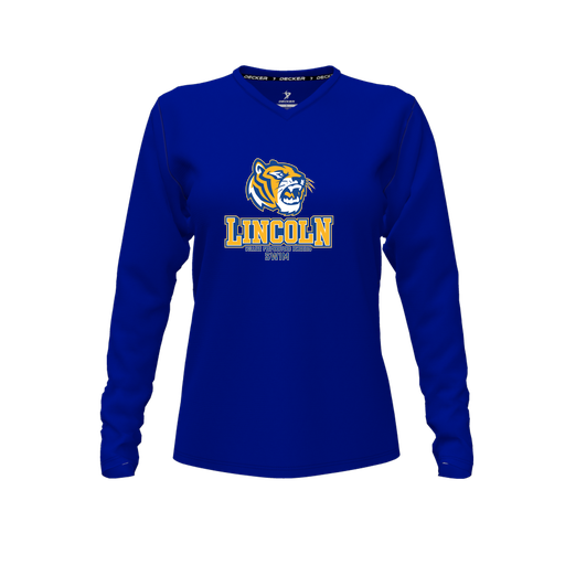 [CUS-DFW-TEES-PER-VNK-LSL-RYL-FYXS-LOGO1] Decker Performance T-Shirt (Female Youth XS, Royal, V Neck, Logo 1, Long Sleeve)