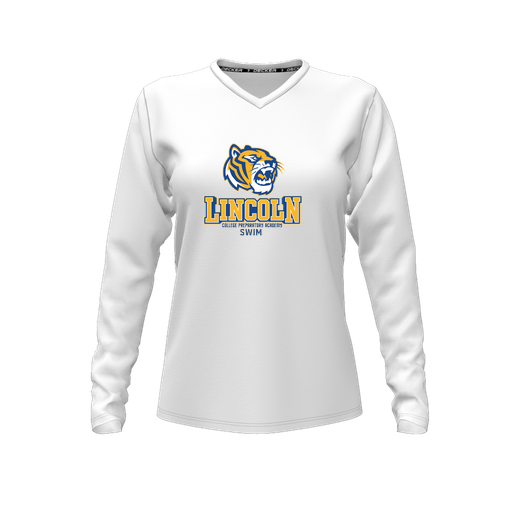 [CUS-DFW-TEES-CMF-VNK-LSL-WHT-FYXS-LOGO1] Decker Comfort T-Shirt (Female Youth XS, White, V Neck, Logo 1, Long Sleeve)