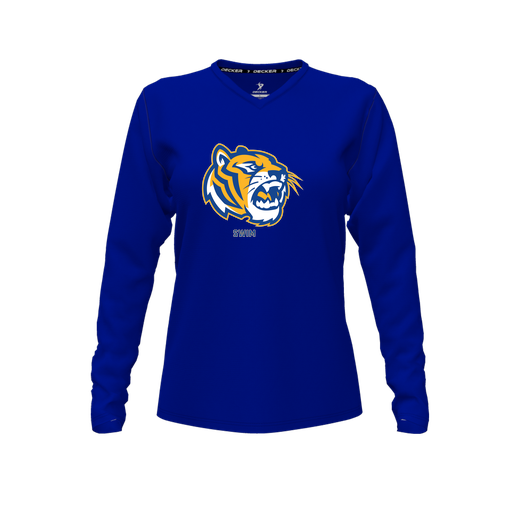 [CUS-DFW-TEES-CMF-VNK-LSL-RYL-FYXS-LOGO2] Decker Comfort T-Shirt (Female Youth XS, Royal, V Neck, Logo 2, Long Sleeve)