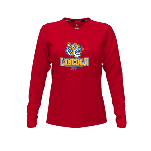 [FTLVCFRD-FYXS-LOGO1] Decker Comfort T-Shirt (Female Youth XS, Red, V Neck, Logo 1, Long Sleeve)