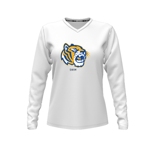 [CUS-DFW-TEES-PER-VNK-LSL-WHT-FYXS-LOGO2] Decker Performance T-Shirt (Female Youth XS, White, V Neck, Logo 2, Long Sleeve)