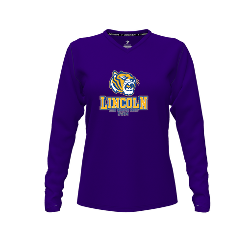[CUS-DFW-TEES-PER-VNK-LSL-PUR-FYXS-LOGO1] Performance T-Shirt (Female Youth XS, Purple, V Neck, Logo 1, Long Sleeve)